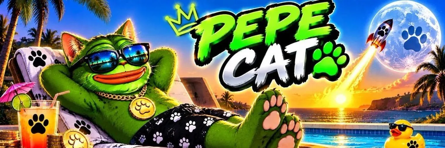 Pepe Cat in sunglasses, relaxing by a tropical pool with a rocket heading to a paw-print moon