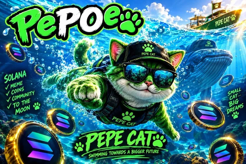 Pepe Cat swimming through bright blue water with Solana coins and a whale